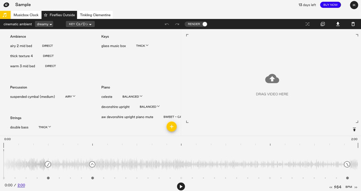 Amper Music 楽曲制作画面